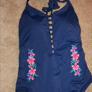 Women’s Navy One Piece with Floral Embroidery